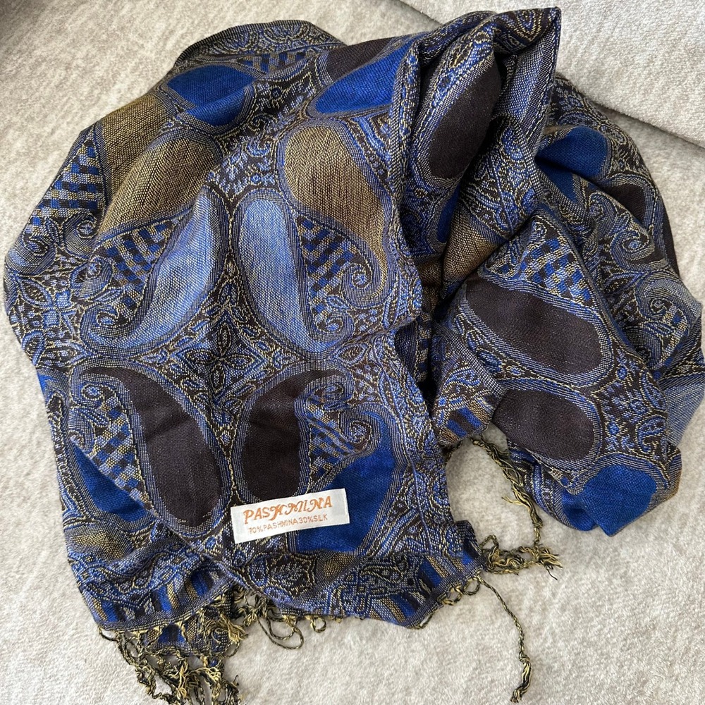Pashmina Silk Blend Blue Gold Paisley Jacquard Shawl Wrap Fringe Scarf 72x28